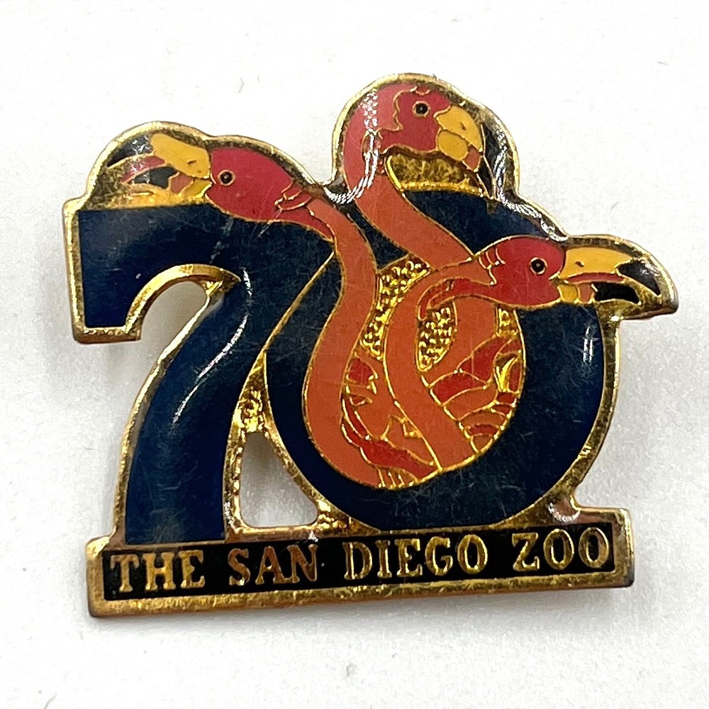 Vintage San Diego Zoo 70th Anniversary Flamingo Pin Souvenir Gold Tone Enamel